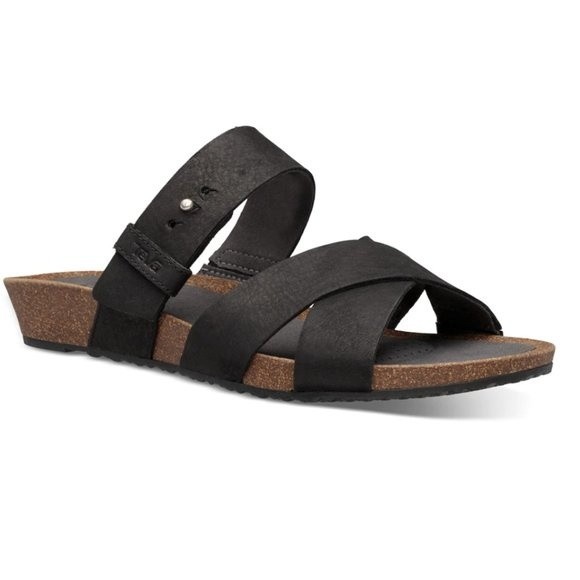 Teva Women's Mahonia Black Leather Slip On Slides Sandals Shoes Size 10.5 - Picture 1 of 13